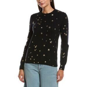 NWT Womens Minnie Rose Black Gold Foil Stars Cashmere Crew Neck Sweater L